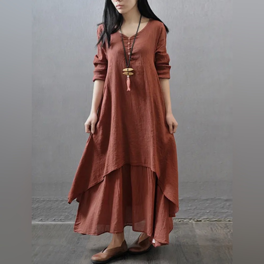 NWT Brick Red Cotton Blend Split-Joint Loose Boho Dress